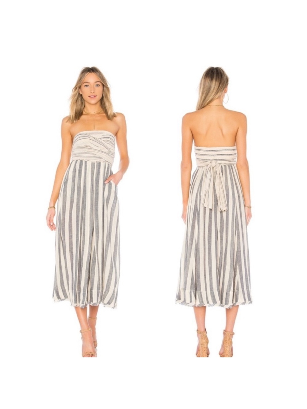 Free People Strapless Stripe Me Up Midi Dress in Cream and Gray XS Boho Hippie